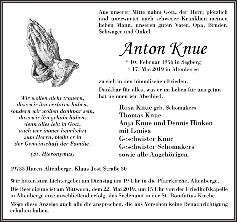  Traueranzeige für Anton Knue vom 20.05.2019 aus Neue Osnabrücker Zeitung GmbH & Co. KG