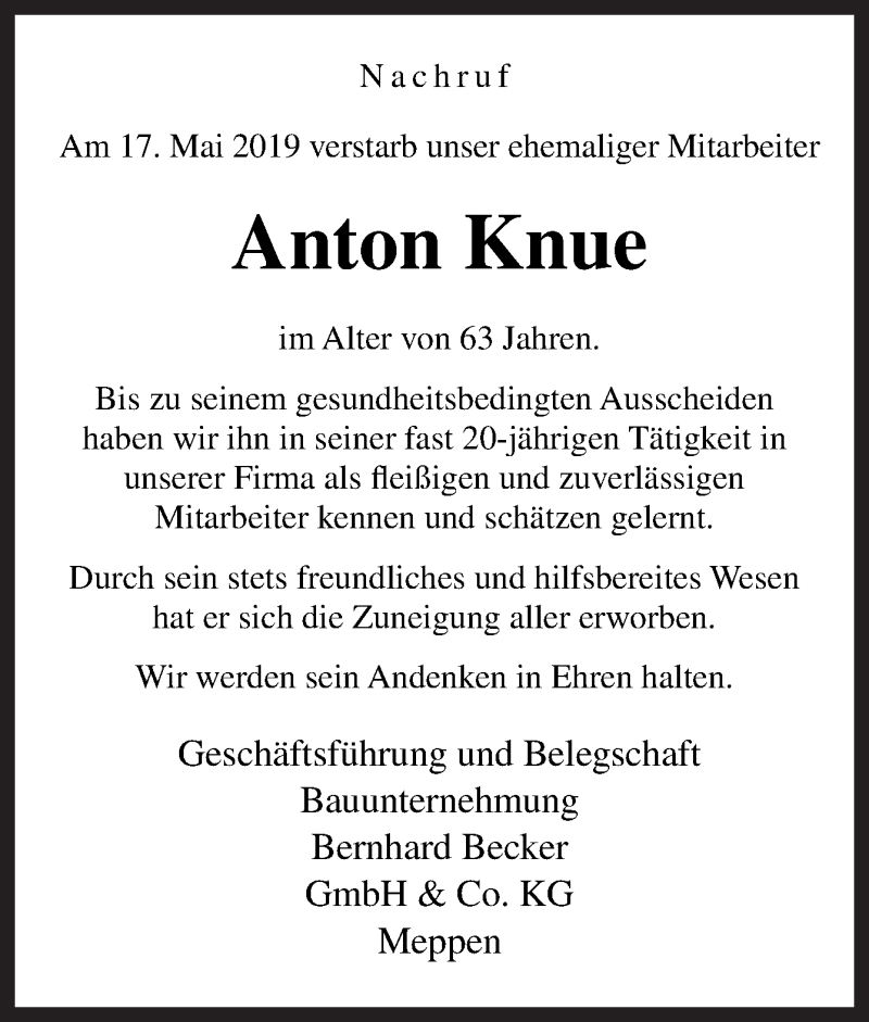  Traueranzeige für Anton Knue vom 22.05.2019 aus Neue Osnabrücker Zeitung GmbH & Co. KG