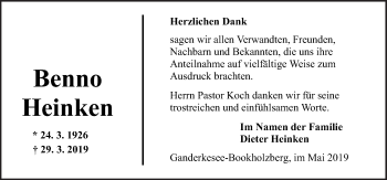 Traueranzeige von Benno Heinken von Neue Osnabrücker Zeitung GmbH & Co. KG