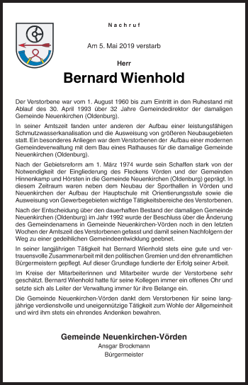 Traueranzeige von Bernard Wienhold von Neue Osnabrücker Zeitung GmbH & Co. KG