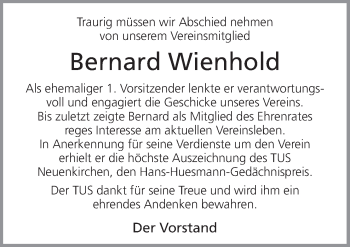 Traueranzeige von Bernard Wienhold von Neue Osnabrücker Zeitung GmbH & Co. KG