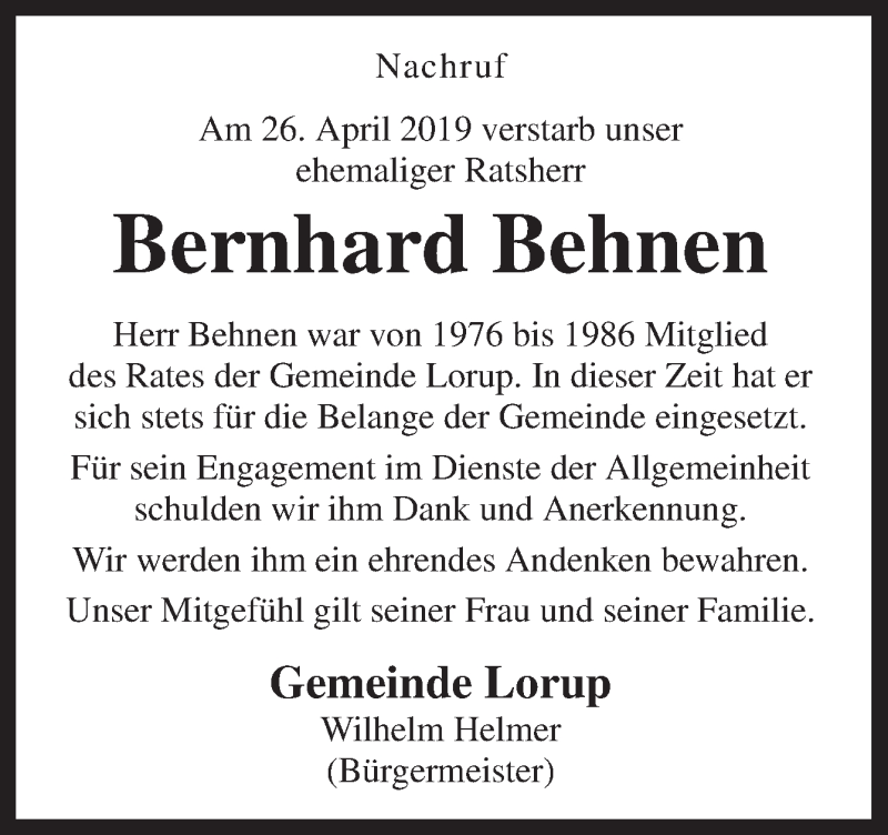  Traueranzeige für Bernd Behnen vom 02.05.2019 aus Neue Osnabrücker Zeitung GmbH & Co. KG