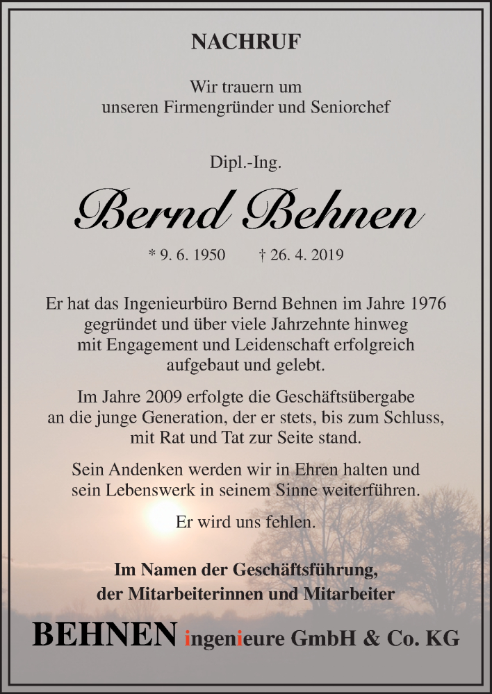  Traueranzeige für Bernd Behnen vom 02.05.2019 aus Neue Osnabrücker Zeitung GmbH & Co. KG