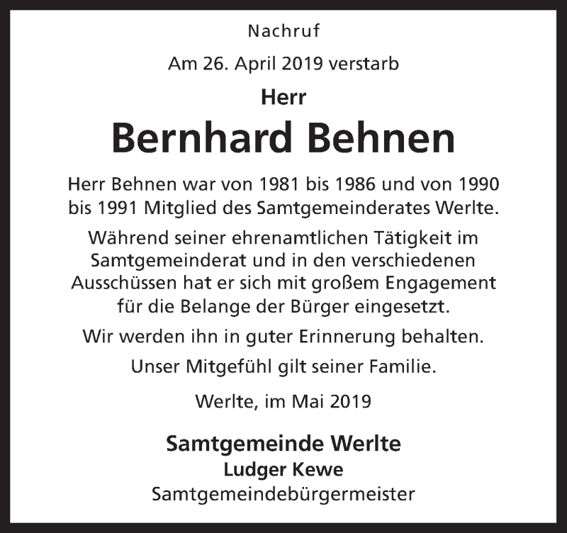  Traueranzeige für Bernd Behnen vom 02.05.2019 aus Neue Osnabrücker Zeitung GmbH & Co. KG