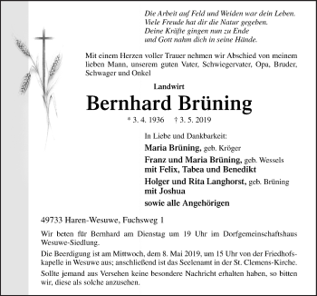 Traueranzeige von Bernhard Brüning von Neue Osnabrücker Zeitung GmbH & Co. KG