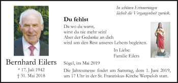 Traueranzeige von Bernhard Eilers von Neue Osnabrücker Zeitung GmbH & Co. KG
