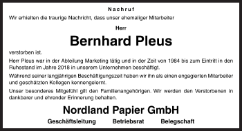 Traueranzeige von Bernhard Pleus von Neue Osnabrücker Zeitung GmbH & Co. KG