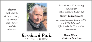 Traueranzeige von Bernhard Purk von Neue Osnabrücker Zeitung GmbH & Co. KG