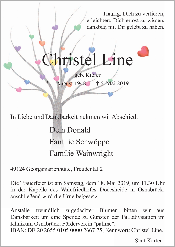 Traueranzeige für Christel Line vom 11.05.2019 aus Neue Osnabrücker Zeitung GmbH & Co. KG