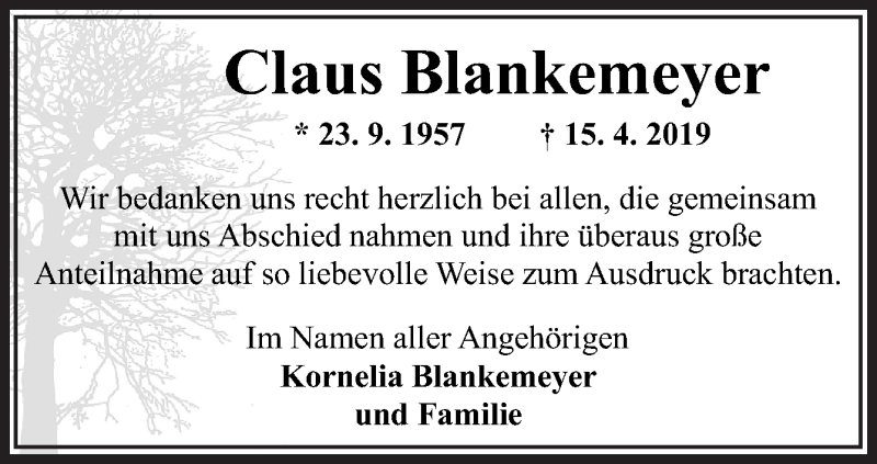  Traueranzeige für Claus Blankemeyer vom 11.05.2019 aus Neue Osnabrücker Zeitung GmbH & Co. KG