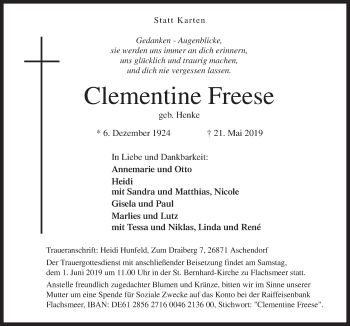 Traueranzeige von Clementine Freese von Neue Osnabrücker Zeitung GmbH & Co. KG