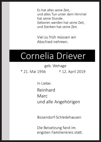 Traueranzeige von Cornelia Driever von Neue Osnabrücker Zeitung GmbH & Co. KG