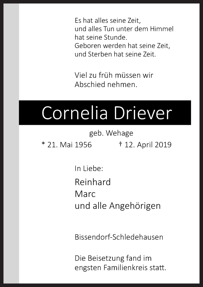  Traueranzeige für Cornelia Driever vom 04.05.2019 aus Neue Osnabrücker Zeitung GmbH & Co. KG