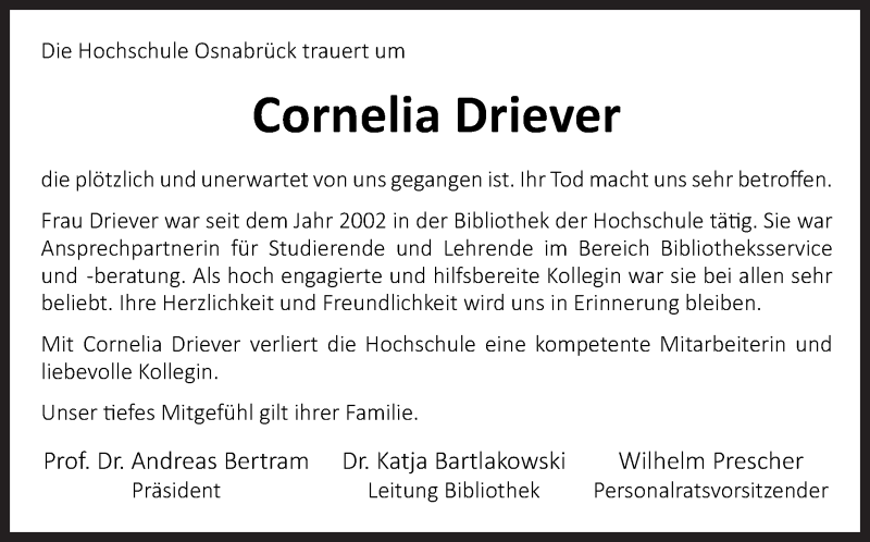 Traueranzeige für Cornelia Driever vom 21.05.2019 aus Neue Osnabrücker Zeitung GmbH & Co. KG