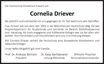 Traueranzeige von Cornelia Driever von Neue Osnabrücker Zeitung GmbH & Co. KG