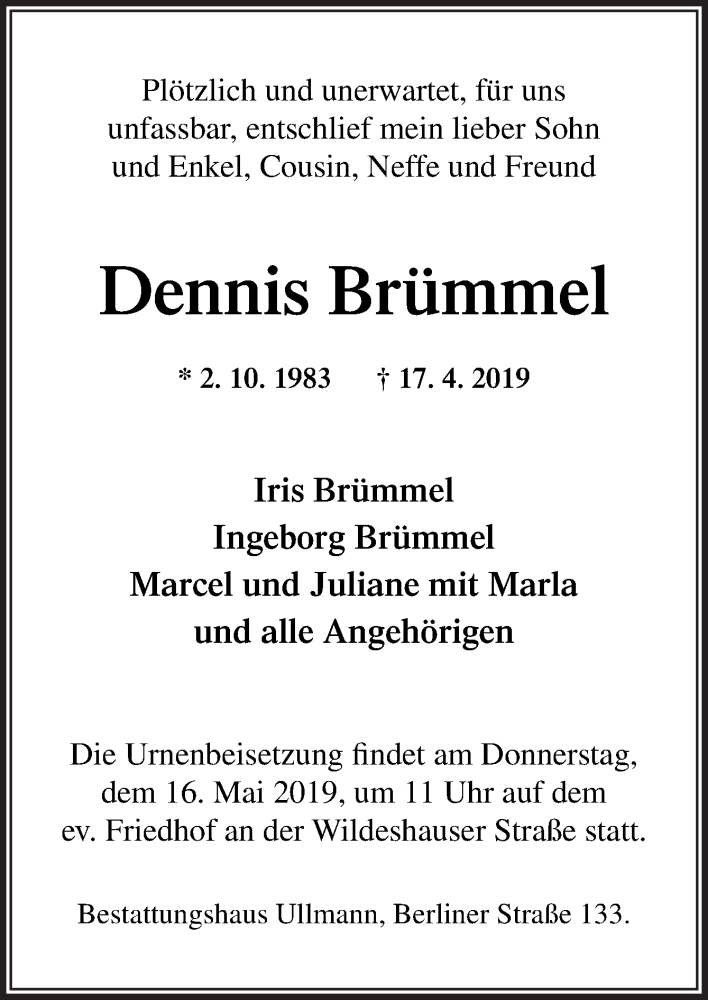  Traueranzeige für Dennis Brümmel vom 11.05.2019 aus Neue Osnabrücker Zeitung GmbH & Co. KG