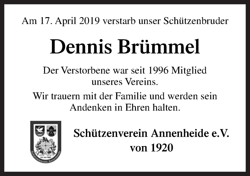  Traueranzeige für Dennis Brümmel vom 14.05.2019 aus Neue Osnabrücker Zeitung GmbH & Co. KG