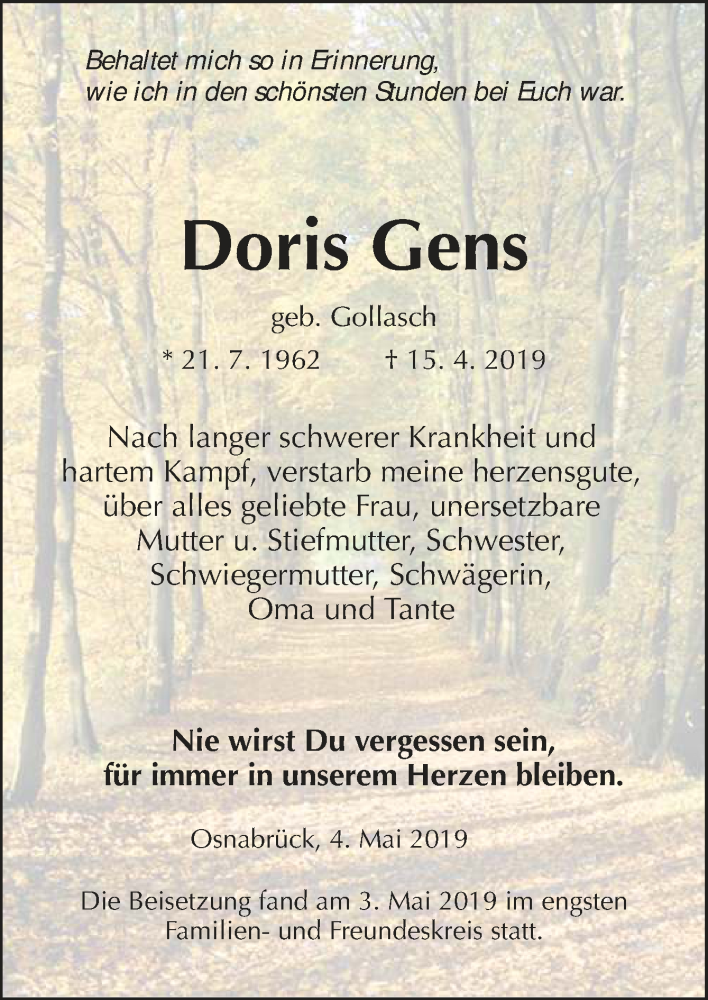  Traueranzeige für Doris Gens vom 04.05.2019 aus Neue Osnabrücker Zeitung GmbH & Co. KG
