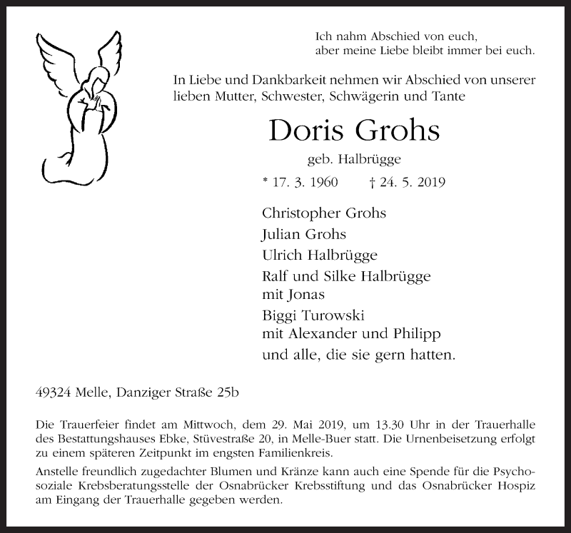  Traueranzeige für Doris Grohs vom 27.05.2019 aus Neue Osnabrücker Zeitung GmbH & Co. KG