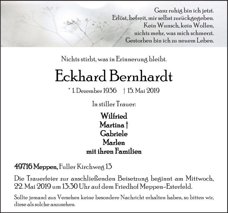  Traueranzeige für Eckhard Bernhardt vom 18.05.2019 aus Neue Osnabrücker Zeitung GmbH & Co. KG