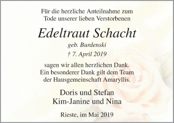 Traueranzeige von Edeltraut Schacht von Neue Osnabrücker Zeitung GmbH & Co. KG