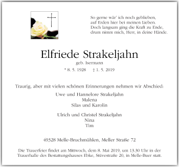 Traueranzeige von Elfriede Strakeljahn von Neue Osnabrücker Zeitung GmbH & Co. KG