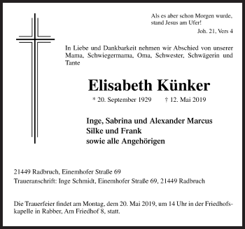 Traueranzeige von Elisabeth Künker von Neue Osnabrücker Zeitung GmbH & Co. KG