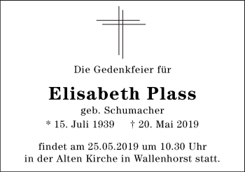 Traueranzeige von Elisabeth Plass von Neue Osnabrücker Zeitung GmbH & Co. KG