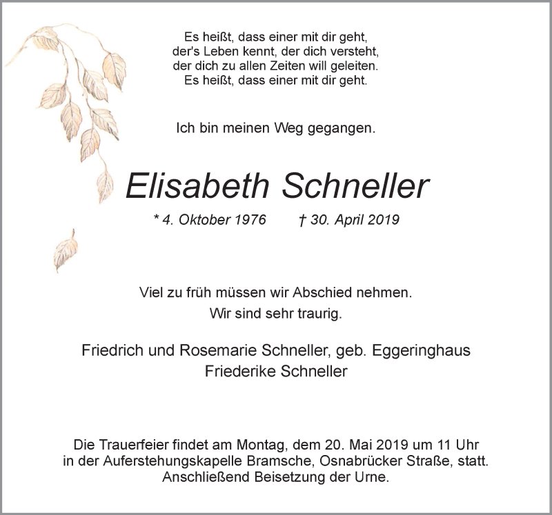 Traueranzeige für Elisabeth Schneller vom 16.05.2019 aus Neue Osnabrücker Zeitung GmbH & Co. KG