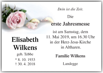 Traueranzeige von Elisabeth Wilkens von Neue Osnabrücker Zeitung GmbH & Co. KG