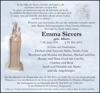 Traueranzeige von Emma Sievers von Neue Osnabrücker Zeitung GmbH & Co. KG