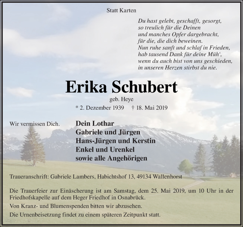  Traueranzeige für Erika Schubert vom 20.05.2019 aus Neue Osnabrücker Zeitung GmbH & Co. KG