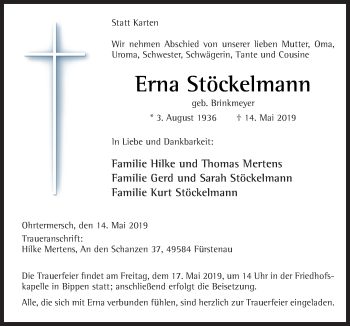 Traueranzeige von Erna Stöckelmann von Neue Osnabrücker Zeitung GmbH & Co. KG