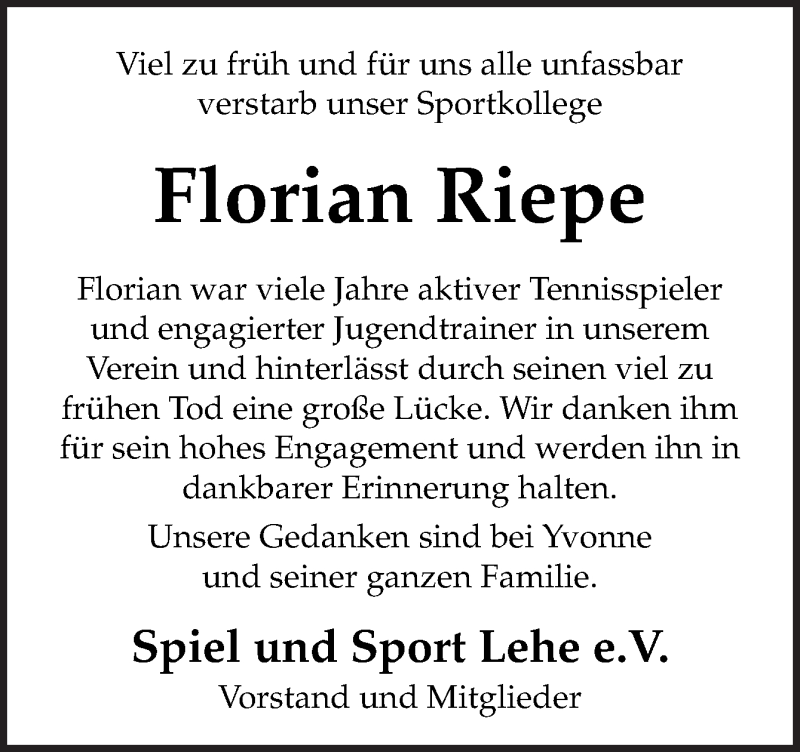  Traueranzeige für Florian Riepe vom 02.05.2019 aus Neue Osnabrücker Zeitung GmbH & Co. KG