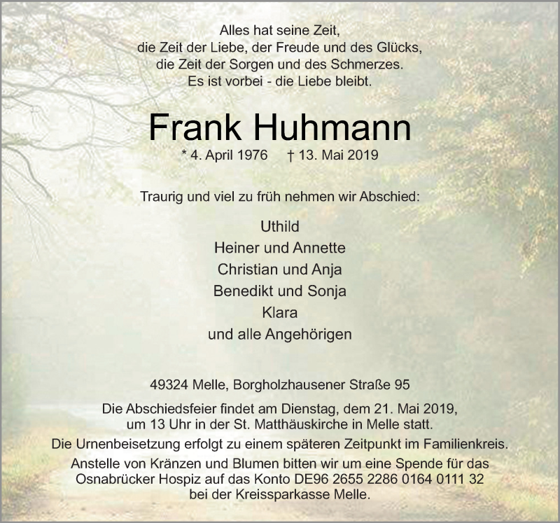  Traueranzeige für Frank Huhmann vom 18.05.2019 aus Neue Osnabrücker Zeitung GmbH & Co. KG