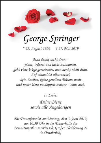 Traueranzeige von George Springer von Neue Osnabrücker Zeitung GmbH & Co. KG