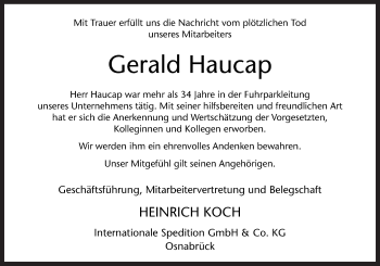 Traueranzeige von Gerald Haucap von Neue Osnabrücker Zeitung GmbH & Co. KG