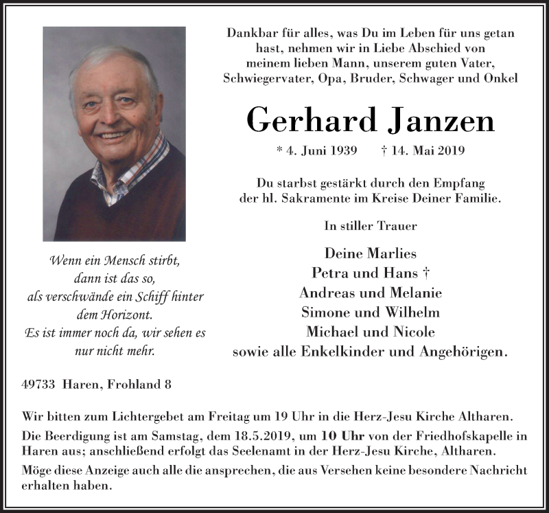  Traueranzeige für Gerhard Janzen vom 15.05.2019 aus Neue Osnabrücker Zeitung GmbH & Co. KG