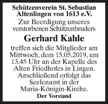 Traueranzeige von Gerhard Kahle von Neue Osnabrücker Zeitung GmbH & Co. KG