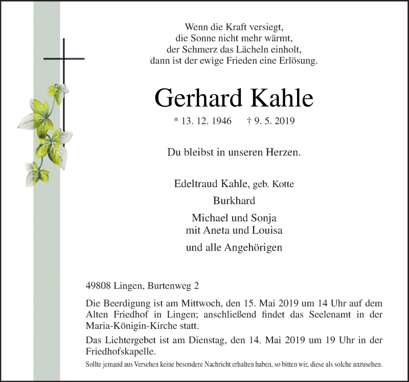  Traueranzeige für Gerhard Kahle vom 13.05.2019 aus Neue Osnabrücker Zeitung GmbH & Co. KG