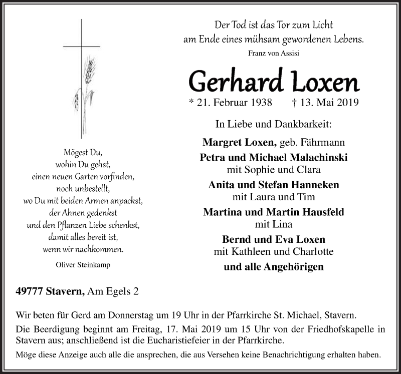  Traueranzeige für Gerhard Loxen vom 15.05.2019 aus Neue Osnabrücker Zeitung GmbH & Co. KG