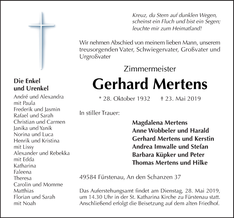  Traueranzeige für Gerhard Mertens vom 25.05.2019 aus Neue Osnabrücker Zeitung GmbH & Co. KG