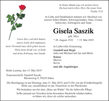 Traueranzeige von Gisela Saszik von Neue Osnabrücker Zeitung GmbH & Co. KG