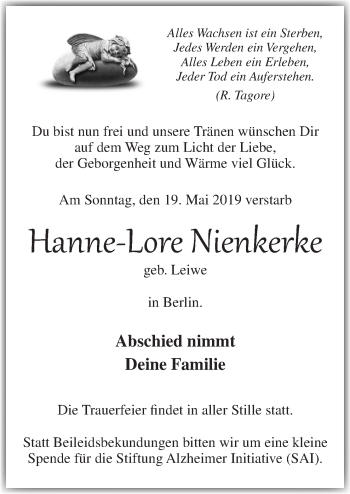 Traueranzeige von Hanne-Lore Nienkerke von Neue Osnabrücker Zeitung GmbH & Co. KG