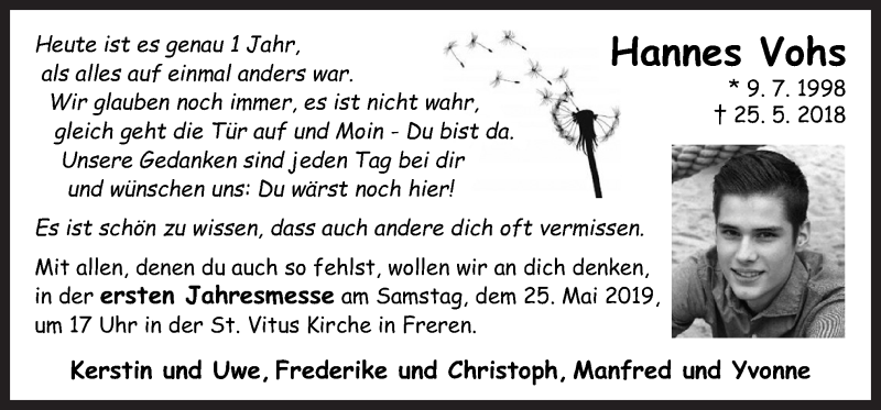  Traueranzeige für Hannes Vohs vom 25.05.2019 aus Neue Osnabrücker Zeitung GmbH & Co. KG