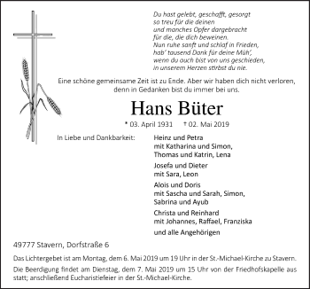 Traueranzeige von Hans Büter von Neue Osnabrücker Zeitung GmbH & Co. KG