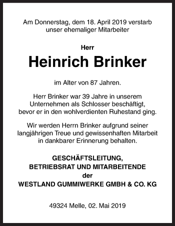 Traueranzeige von Heinrich Brinker von Neue Osnabrücker Zeitung GmbH & Co. KG