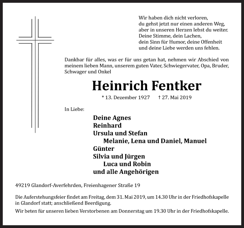  Traueranzeige für Heinrich Fentker vom 29.05.2019 aus Neue Osnabrücker Zeitung GmbH & Co. KG