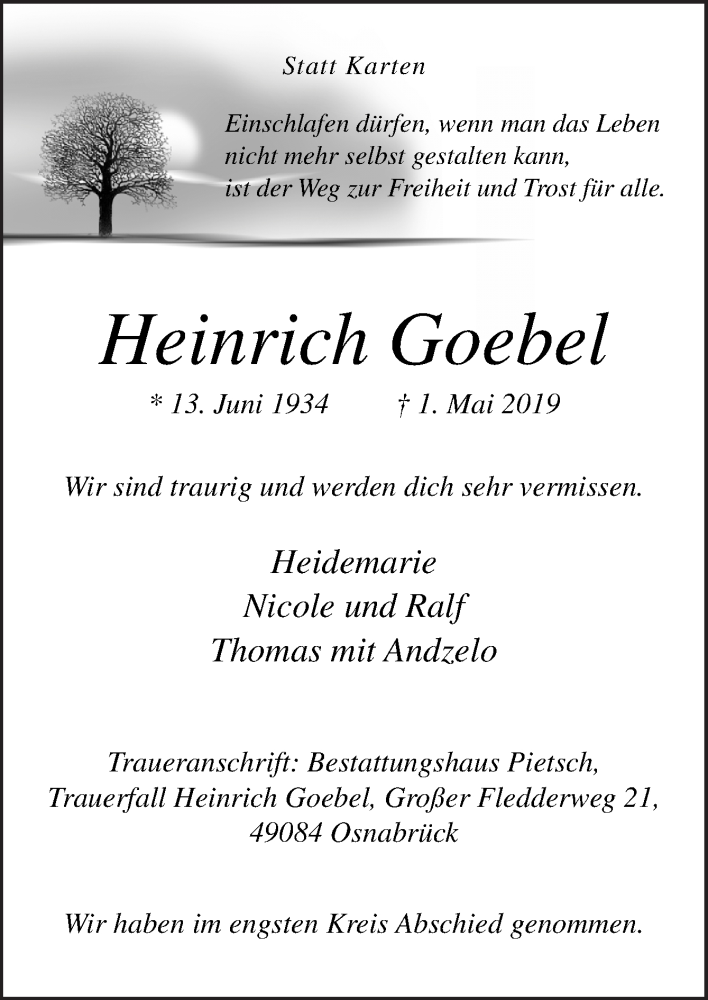  Traueranzeige für Heinrich Goebel vom 25.05.2019 aus Neue Osnabrücker Zeitung GmbH & Co. KG