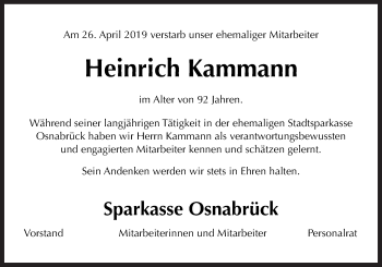 Traueranzeige von Heinrich Kammann von Neue Osnabrücker Zeitung GmbH & Co. KG